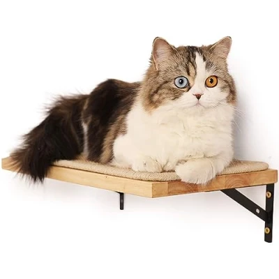 Image of FUKUMARU Floating Wall Shelf with Cat Scratching Mat, 2cm Thick Solid Rubber Wood Hanging Shelves, 40 x 25 cm