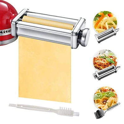 Image of Pasta Maker Attachment Set for KitchenAid Stand Mixers Included Noodle Lattice Roller, Spaghetti Cutter, Roller and Cleaning Brush