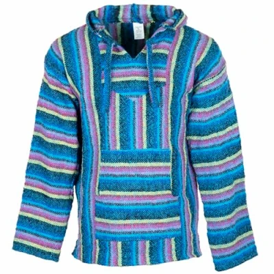 Image of Siesta Baja Hoodie Mexican Jerga Hooded Top Hippie Festival Jumper for Men and Women Blue Candy XXL