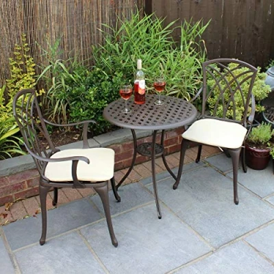 Image of Charles Bentley Cast Aluminium Bistro Round Table And 2 Chairs Set, Outdoor Table, With Beige Seat Cushions, Garden, Patio, Central Hole For Parasol, Weatherproof, Armchairs (52x51.5x89cm)