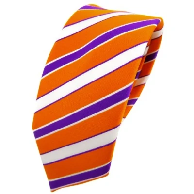 Image of TigerTie Slim Designer Tie in Striped Pattern Cut 6 cm Width, Orange Traffic Purple White, Krawattengröße: ca. Länge 150 cm, Breite