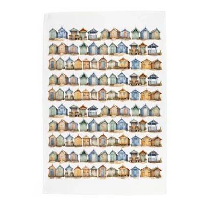 Image of Purely Home Beach Huts Tea Towel Coastal Seaside Gift/Present Large Panama Cotton Kitchen Dish Towel/Drying Cloth 67cm x 45cm