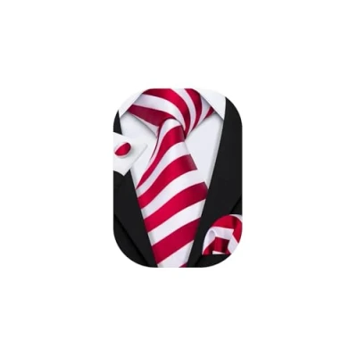 Image of Barry.Wang Christmas Tie for Men Silk Red and White Xmas Stripe Necktie Pocket Square Cufflinks Set Wedding Business