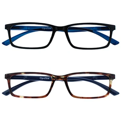 Image of OPULIZE See Reading Glasses 2 Packs with Blue Light Blocking Narrow Frame Spring Hinges Improve Sleep Computer Gaming Black Brown Mens Womens BB9 12 +2.50