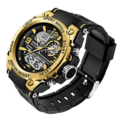 Image of Military Watches for Men Tactical Waterproof Outdoor Sports Watch Analog Digital Multifunction Dual Display Mens Wristwatch (Gold Black), Gold black, Sport Fashin Casual