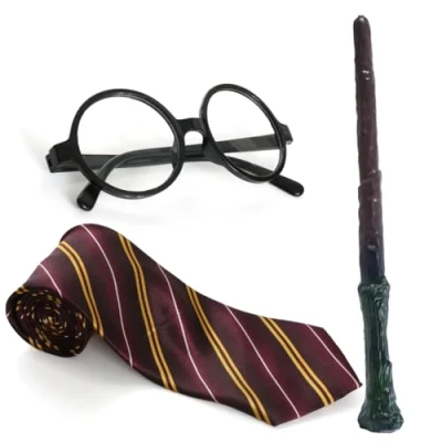 Image of WIZARD SET FANCY DRESS ACCESSORY COSTUME SCHOOL BOY TIE + ROUND GLASSES PLASTIC BRANCH WAND MAGICIAN OUTFIT