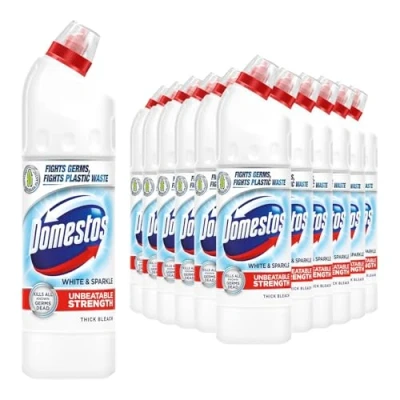 Image of Domestos Thick Bleach White and Sparkle Multi Purpose Disinfectant Anti Bacterial Surface Cleaner Gel Limescale Remover for Toilet, Bathroom Kitchen, 750ml (Buy 12)