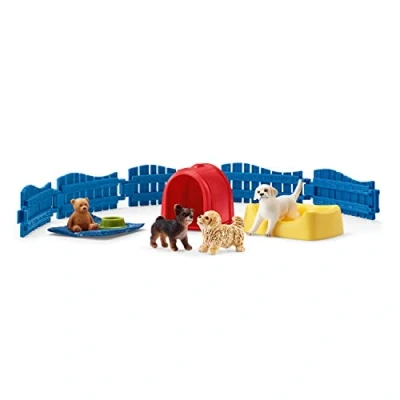 Image of schleich 42480 Farm World 13 Piece Puppy Pen Playset Featuring 3 Cute Figurines and Accessories, Educational Durable Playset, Fun Animal Toys for ages 3+