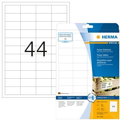 Image of HERMA Extra Strong Adhesive Labels, 44 Labels per A4 Sheet, 25 Sheets, 48.3 x 25.4 mm, 1100 Blank Heavy Duty Stickers, Sticky for Laser &amp; Inkjet Printer, White