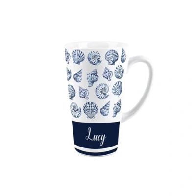 Image of Custom Seashells Tall Latte Mug Blue &amp; White Coastal Shells Gift Ceramic Hot Chocolate/Coffee/Tea Cup Present