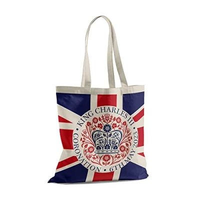 Image of Print Maniacs Kings Coronation Tote Bag 2023 Official Union Jack King Charles III Commemorative Souvenir Gift His Majesty The Royal Memorabilia Gifts Camping