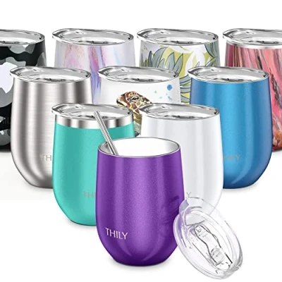 Image of THILY Vacuum Insulated Stemless Wine Tumbler Triple Stainless Steel Glass with Lid, Reusable Straw, 350 ml, Wine, Coffee, Cocktails, Gifts Ideas for Women, Her, Girls, Purple