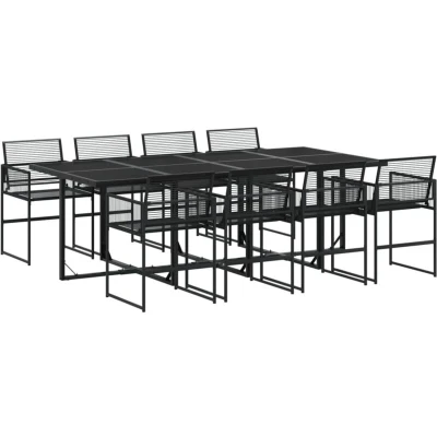 Image of vidaXL 9 Piece Outdoor Garden Dining Set with Reclining Poly Rattan Chairs, Black &amp; Cream White Patio Furniture, Adjustable Back/Footrest, Acacia Wood Tabletop