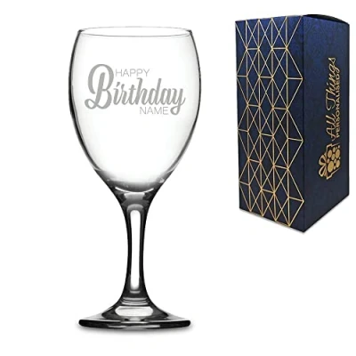 Image of Personalised Engraved Wine Glass with Happy Birthday Name Design, Gift Boxed, Personalise Any