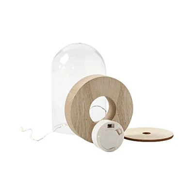 Image of Crafty Capers 12.5cm Tall Plastic Bell Jar Cloche on Wooden Stand with LED Fairy Lights