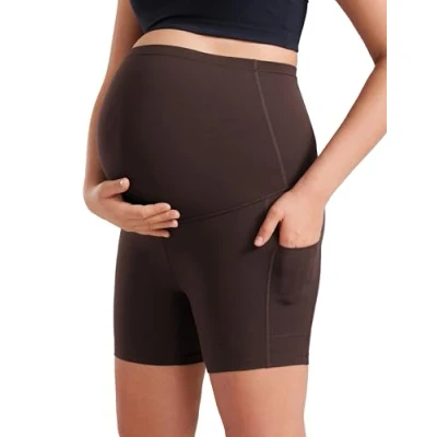 Image of CRZ Yoga Women&#039;s Butterluxe Maternity Shorts with Pockets 5&quot; Over The Belly Biker Workout Pregnancy Leggings Hot Fudge Brown 14