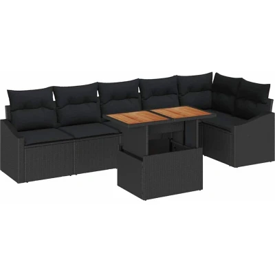 Image of vidaXL 7 Piece Garden Dining Set with Cushions Black Poly Rattan Acacia