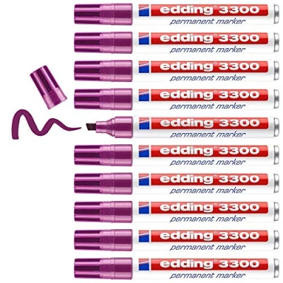 Image of edding 3300 permanent marker magenta (purple) box of 10 chisel tip 1.5 3 mm quick drying markers waterproof, smudge proof for cardboard, plastic, wood, metal, fabric pens