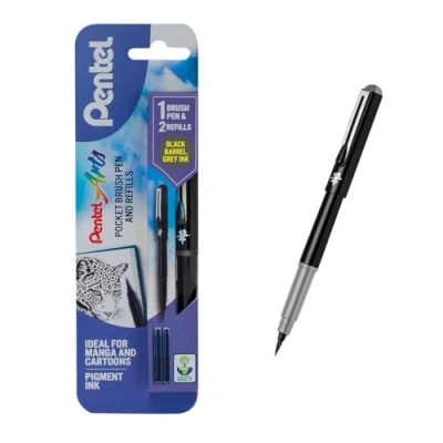 Image of Pentel Refillable Pocket Brush Pen With 2 Grey Ink Cartridges Black Barrel