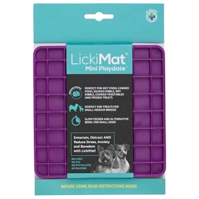 Image of LickiMat Mini Classic Playdate Dog Food Mat, Slow Feeder for Boredom &amp; Anxiety Relief Dogs, Perfect Food, Treats, Yoghurt Peanut Butter, Fun Alternative to a Feeding Bowl, Purple
