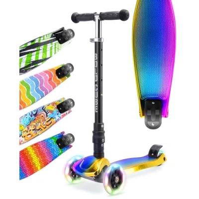 Image of BOLDCUBE Big Fold 3 Wheel Foldable Scooter for Kids Ages 10 Year Olds LED Rainbow Flashing Wheels Height Adjustable 65 to 89 cm Interchangeable Deck