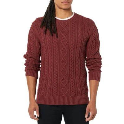 Image of Amazon Essentials Men&#039;s Long Sleeve 100% Cotton Fisherman Cable Crewneck Jumper, Oxblood, S