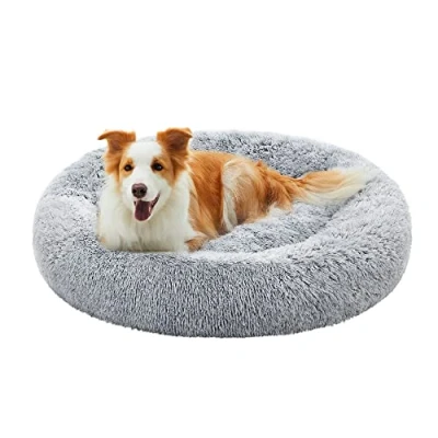 Image of Feandrea Dog Bed, Donut Cat Fluffy Calming Pet Bed with Removable, Washable Cover, Soft Long Plush, 100 cm, Grey