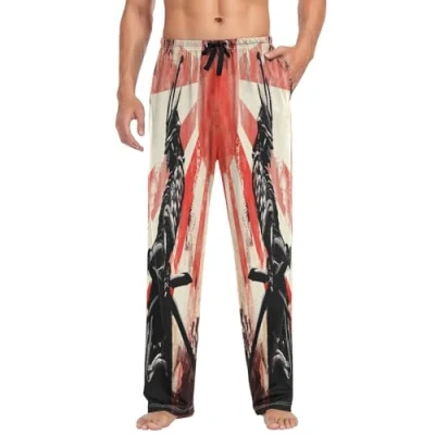 Image of Linomo Mens Pyjama Bottoms Japanese Samurai Pyjamas Loungewear 100% Cotton Trouser Nightwear PJs Pants for Men Boys