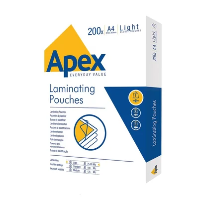 Image of Fellowes Apex A4 Laminating Pouches, Glossy Finish, 200 Sheets Light Duty Value Pack Ideal for Notices, and Photos