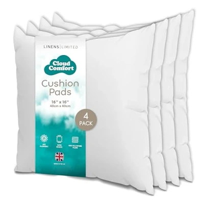 Image of Linens Limited Cushion Insert 40cm x 40cm, Soft and Plump, Non Allergenic Sofa Pad, Easy to Clean, Small Inner, Perfectly Fits Covers (White) (4 Pack)