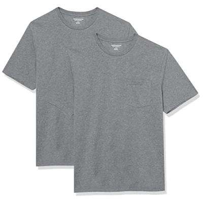 Image of Amazon Essentials Men&#039;s T Shirt Slim Fit Short Sleeved Crewneck Pocket, Pack of 2, Grey Heather, XS