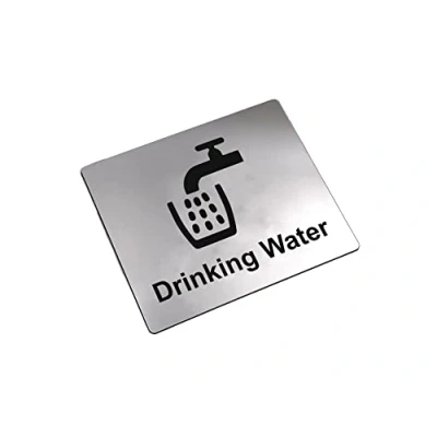 Image of Drinking Water Tap Sink Sign with Adhesive Sticker Backing, Waterproof Metallic Silver Engraved Black Universal Icon Symbol and Text (Size 12 cm x 10 cm)