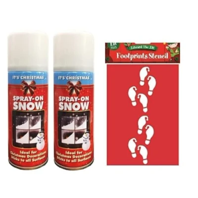 Image of SKYTE® 2 x Artificial Snow Spray + Elf Cute Santas Footprint Stencils for Christmas Party Celebration