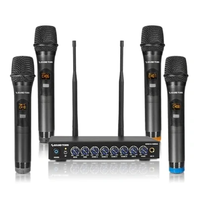 Image of Sound Town 200 Channels Wireless Microphone Karaoke Mixer System, with 4 Metal Handheld Microphones, Optical (Toslink), AUX, for Smart TV, Home Theater, Bar (SWM16 4MEGA)