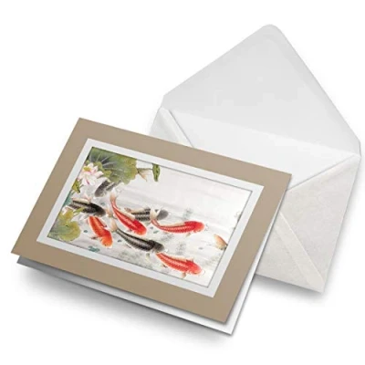 Image of Greeting Cards Biege (Insert) Koi Carp Asian Ink Fish Pond Blank Greetings Card Birthday Kids Party Boys Girls #21531
