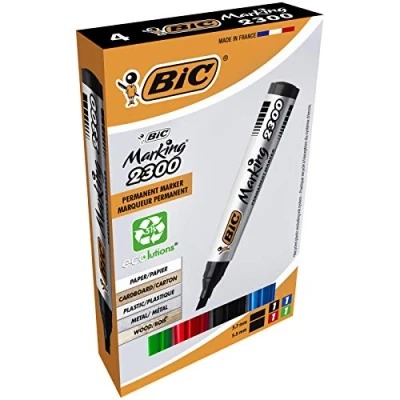 Image of BIC Marking 2300 Ecolutions Permanent Markers Assorted Colours, Pack of 4 With Chisel Tip 3.7 to 5.5 mm