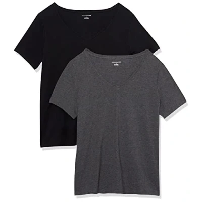 Image of Amazon Essentials Women&#039;s Plus Size Short Sleeve V Neck T Shirt, Pack of 2, Black/Charcoal Heather, 4XL