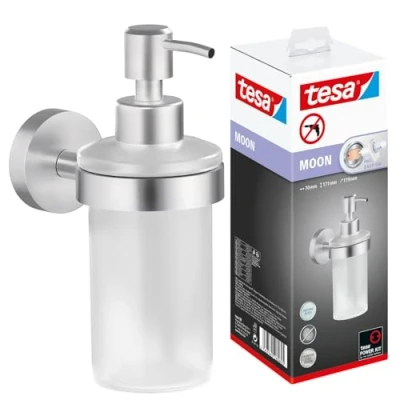 Image of tesa MOON Soap Dispenser No Drill Wall Mounted Chrome Plated for 200 ml Liquid with Satined Glass Bottle, Stainless Includes Removable Adhesive Solution 109 mm x 70 156