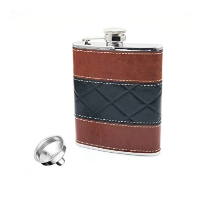 Image of iSavage 6oz Black and Brown Red Leather Wrapped Hip Flask with a Funnel 18/8 Stainless Steel YM135