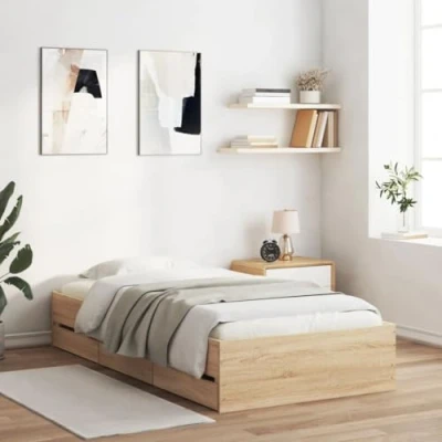 Image of vidaXL Engineered Wood Bed Frame with Plywood Slats and Storage Drawers Sonoma Oak, 100x200 cm for Bedroom