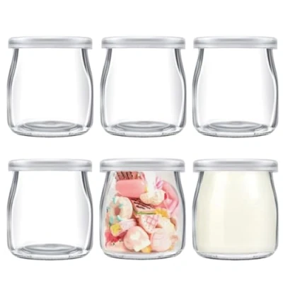 Image of Siocok 6Pcs 200ml Pudding Glass Bottle,Yogurt Jars with Plastic Lids, Small Bottles, for Yogurt Making,Milk,Jams,Jelly,Pudding,Mousse