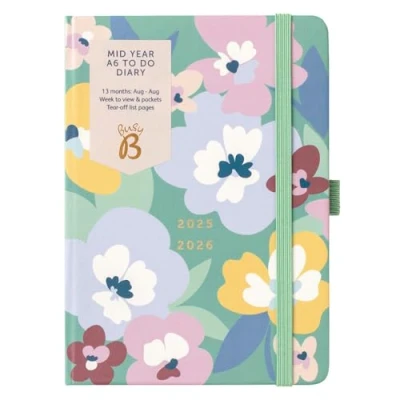 Image of Busy B A6 Diary Mid Year Academic Planner Aug &#039;25 &#039;26 Floral Print Journal Week To View with Do Lists, Notes Pages, 3 Pockets, Pen Loop, &amp; Elastic Closure