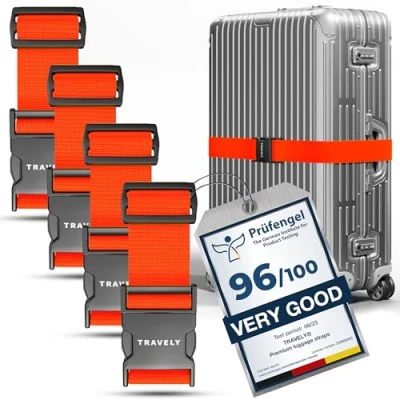 Image of Travely® Premium Luggage Strap Especially Eye catching and Safe Includes 2 Name Tags Ideal Over Cross [Set of 4] Orange