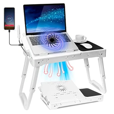 Image of Laptop Desk for Bed Tray Table Foldable Stand with Cooling Fan, 4 Port USB Hub, Adjustable LED Light, Mouse Pad and Storage Box Working, Reading on Couch Sofa (White)