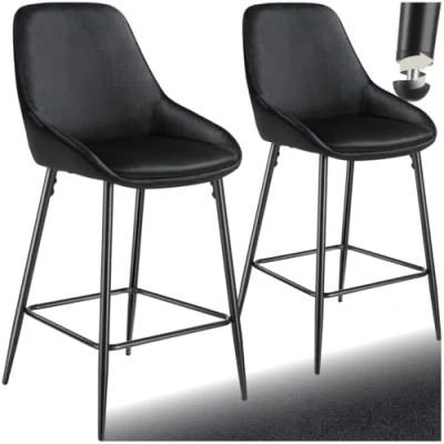 Image of TecTake® Set of 2 Bar Stools with Velvet Look Covers &amp; Plush Padding, Height Adjustable Stool Backrests Slim Steel Legs, Ideal as Kitchen Island Dining Chairs Black