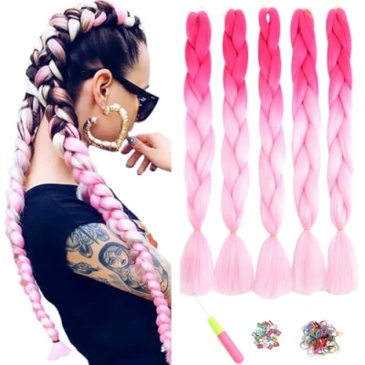 Image of ShowJarlly 5 Packs Ombre Jumbo Braid Hair, Peach/Light Pink Kanekalon Hair African Extension, 24inch Box Extensions Synthetic Colorful for Braiding