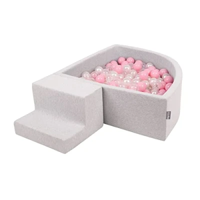 Image of KiddyMoon Foam Playground For Kids With Quarter Angular Ballpit (100 Balls) Obstacle Course, Lightgrey:Powderpink/Pearl/Transparent