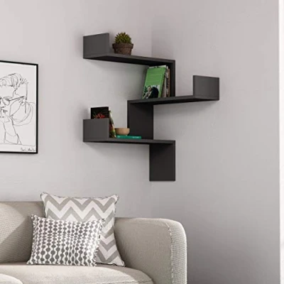 Image of Luksa Corner Wall Mounted Modern Bookcase Display Unit w 60cm Medium Anthracite Grey Decortie
