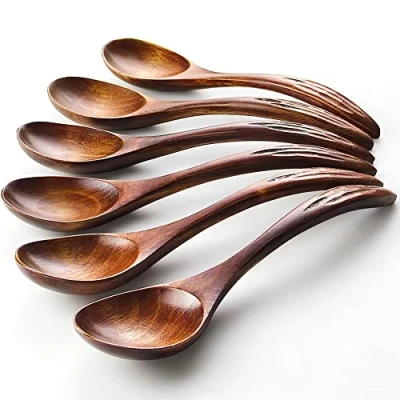 Image of YFWOOD Wooden Spoons 6 Pcs, Janpanese Style Soup or Porridge Spoon 6.89inch X 1.77inch, Well Made Light Weight Teaspoons Kitchen Utensil for Eating Mixing Stirring Cooking