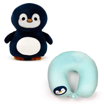 Image of Puckator Swapseazzz Adoramals Ocean Penguin 2 in 1 Plush Travel Pillow &amp; Toy Neck Flight Airplane For Kids Pillows Cushion Sleeping Pain Adults Airport Essentials